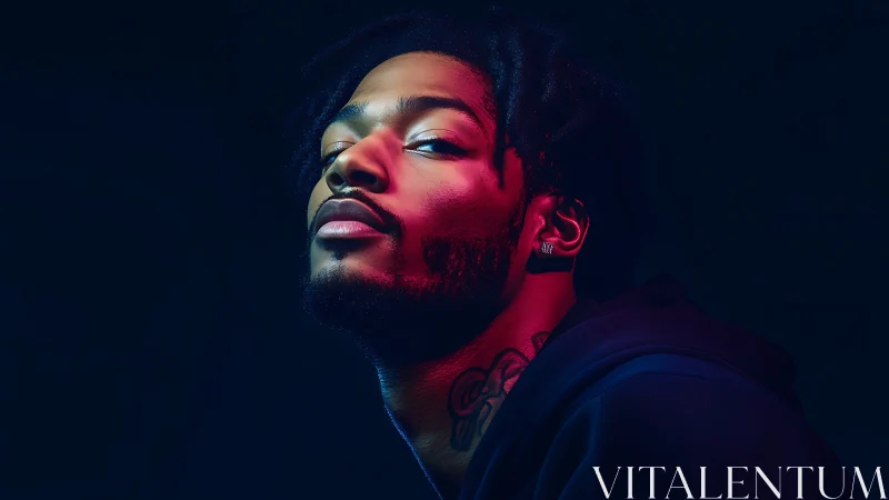 Photorealistic neon portrait with dramatic split lighting setup.