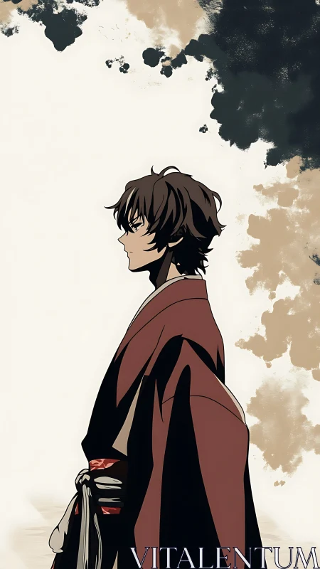 Side profile of robed male figure against abstract background.