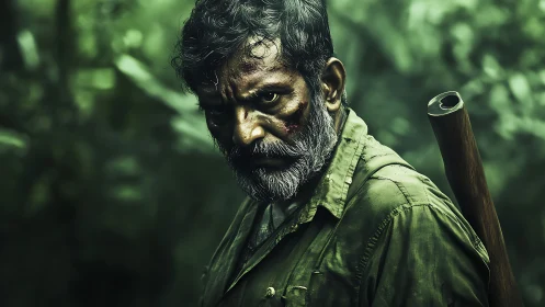 Battle-scarred hunter glares through dense emerald jungle.