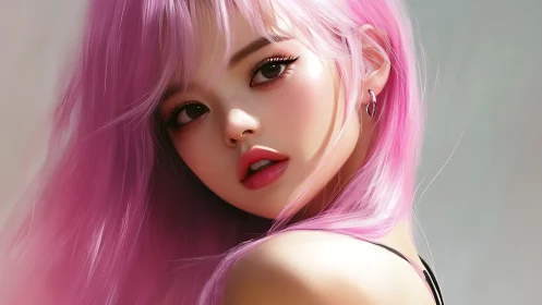 Digital portrait with luminous pink hair and glossy lips.