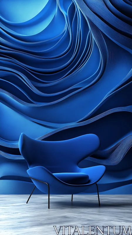 Digital lounge interior with sculpted blue abstract wall focus.