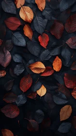 Overhead view shows scattered dark red and orange leaves