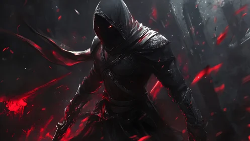 Shadowborn reaper wrapped in ember-slashed nightfall armor.