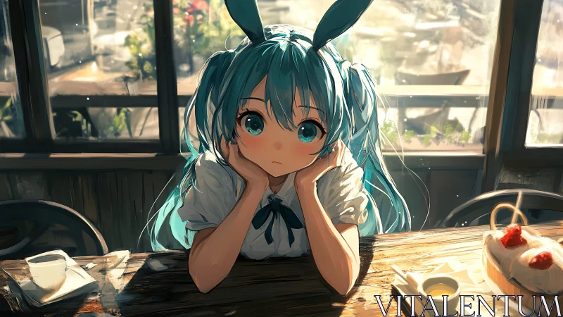 Blue twin-tailed girl in sunlit cafe interior, wistful gaze