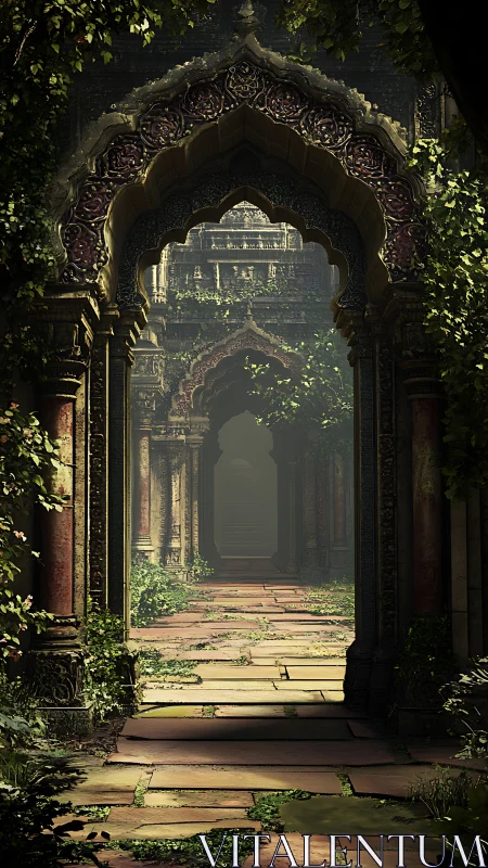 Digital painting of overgrown ornate temple arches in depth.