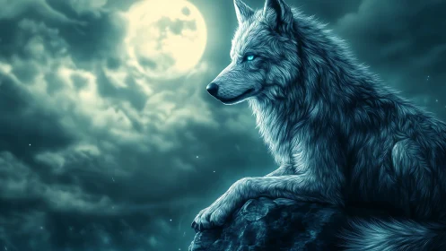 Luminous blue wolf watches full moon over storm clouds.