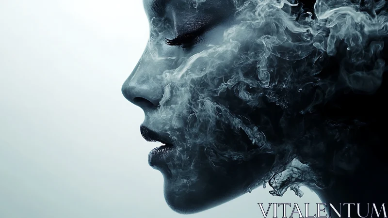 Dreamlike side profile blends softly with swirling smoke shapes