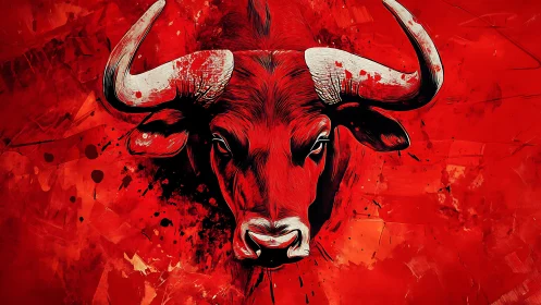 Fierce crimson bull emerging from a storm of wild red paint.