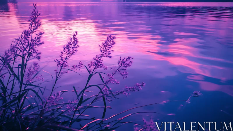 Purple lake sunset with reeds in reflective ripples.