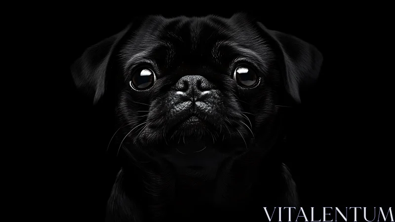 Black pug portrait on dark background in close-up view.