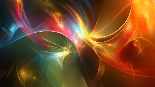 Radiant ribbons of color swirl in a luminous abstract dance