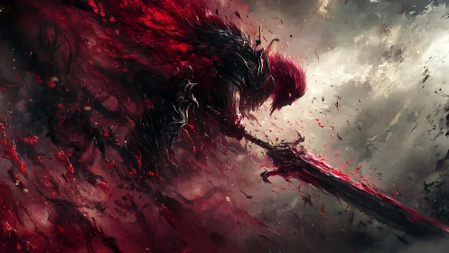 Blood-red armored swordsman emerges through chaotic abstract vortex