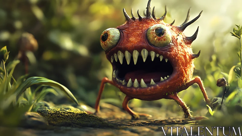 Orange one-eyed monster walks through shallow forest floor