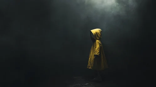 Child in yellow raincoat under dramatic low key side lighting.