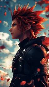 Red haired warrior in black coat stands amid drifting petals