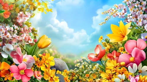 Vibrant Flower Garden with Multicolored Blooms and Blue Sky.
