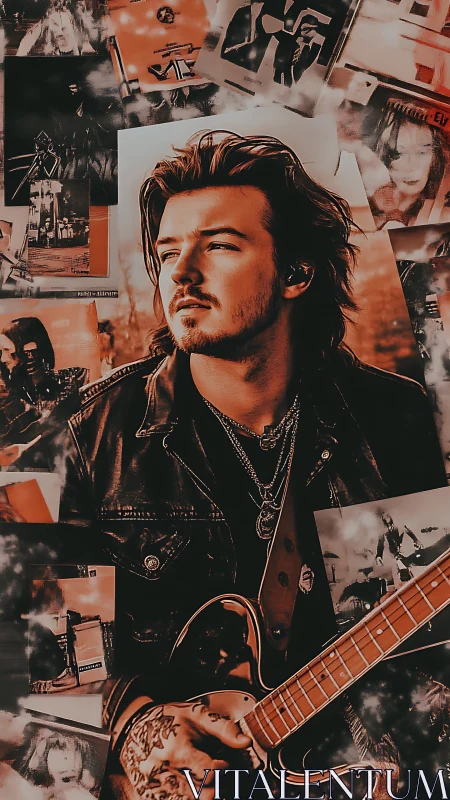 Moody guitarist portrait with collage of vintage concert prints