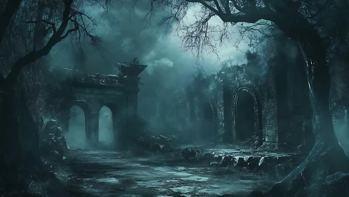 Moonlit ruins brood beneath twisted trees and rising fog