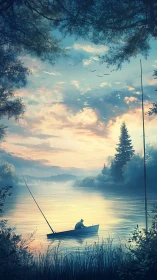 Solitary angler in small boat on calm lake at sunrise.