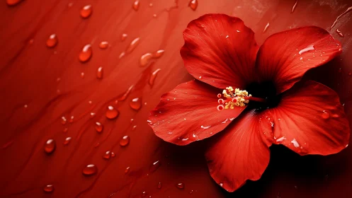 Vibrant red hibiscus flower with intricate stamen featuring water droplet composition