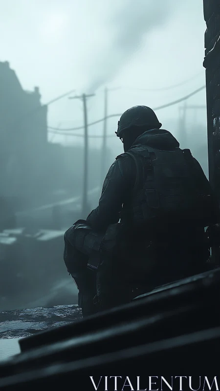 Soldier in tactical gear sits overlooking foggy urban ruins