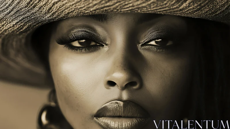 Close-up portrait of woman in sepia tones with artistic hat.