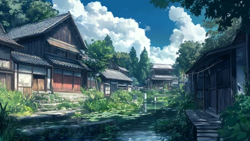 Sunlit canal drifts quietly through a sleepy wooden village