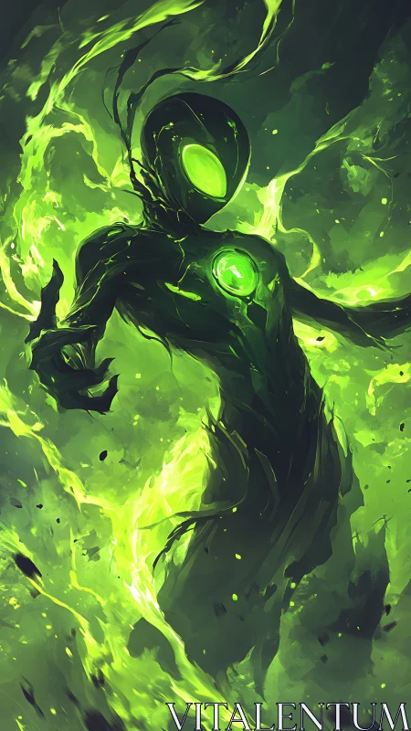 Humanoid energy figure occupies central green luminous field