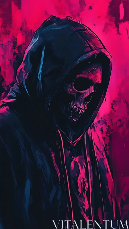 Hooded neon reaper emerging from vivid magenta void.