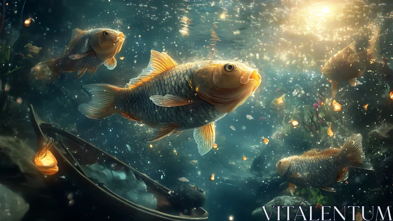 Golden koi drifting through luminous underwater lights.