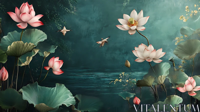 Lotus moonlighters drift above a teal whispering pond.