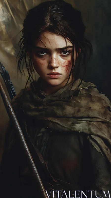 Young huntress with stormlit eyes and tattered cloak resolve.