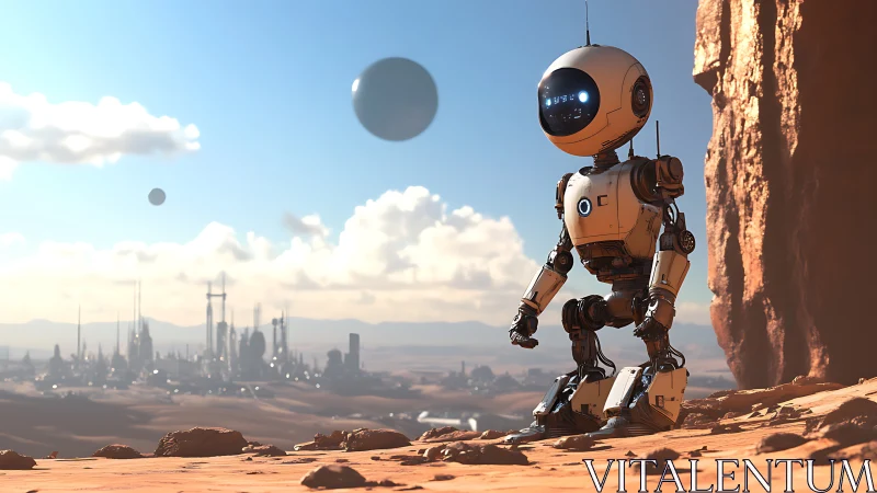 Curious little robot gazes across a warm alien cityscape.