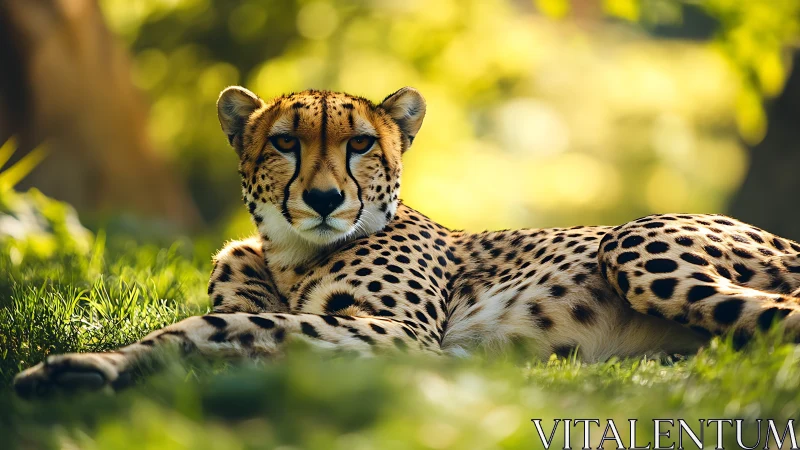 Resting cheetah in sunlit grass with blurred forest bokeh.