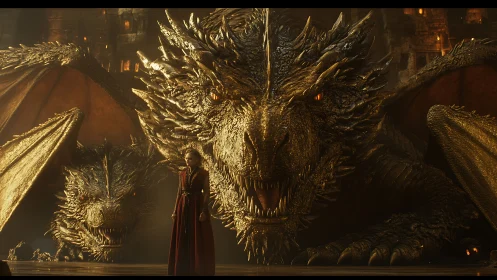 Golden dragon colossus guards a lone queen in ember-lit hall.