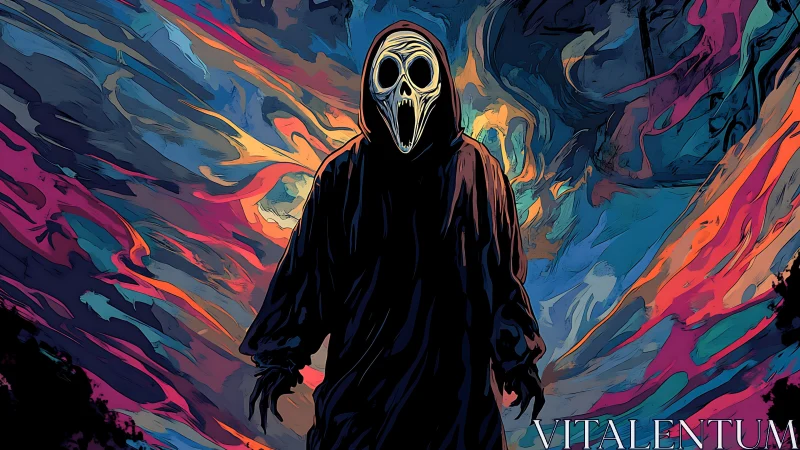 Neon scream reaper strides through kaleidoscopic nightmare storm.