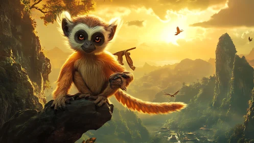 Golden-eyed monkey creature in cinematic sunset mountainscape.