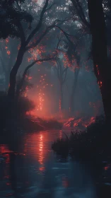 Nocturnal Forest Fire: Luminous Undergrowth with Aquatic Reflection