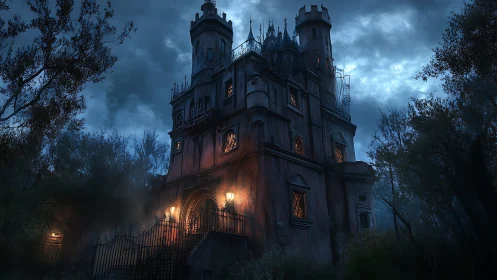 Gothic haunted manor rendered in moody cinematic digital painting