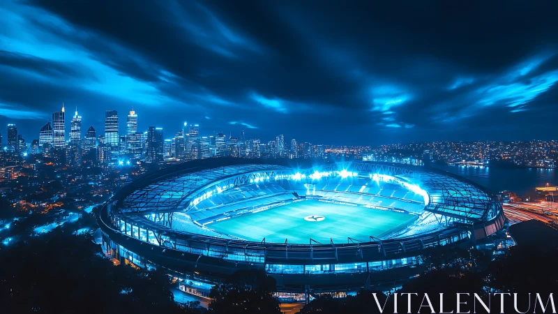 Glowing city stadium wrapped in deep electric blue night.