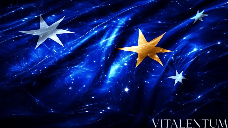 Shimmering golden and silver stars drift across glowing space