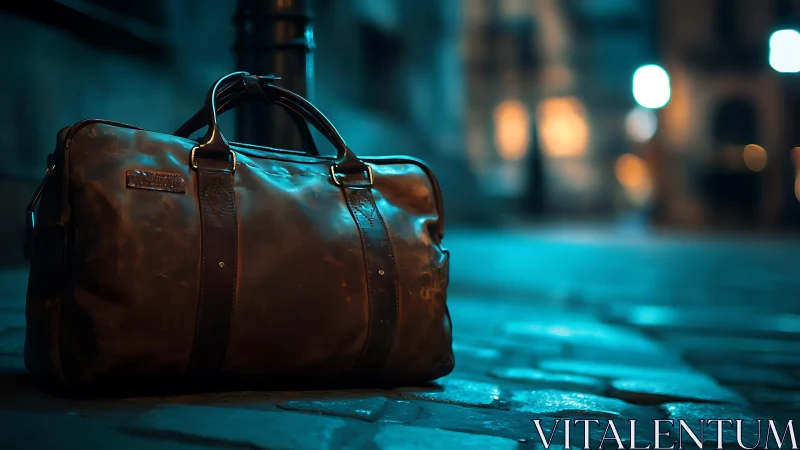 Leather duffel bag on wet cobblestone street at night