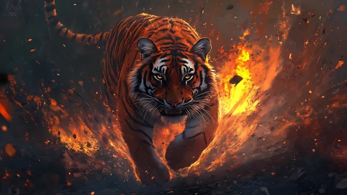 Ember-charged tiger storms through a molten twilight inferno.
