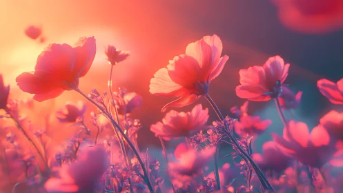 Luminous cosmos flowers bathed in golden sunset glow.