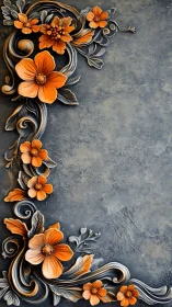 3D orange floral frame against textured slate background.