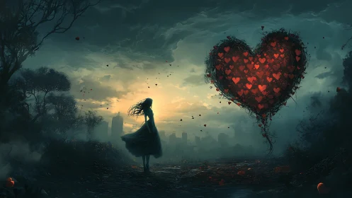 Figure observing large heart-shaped structure in atmospheric landscape