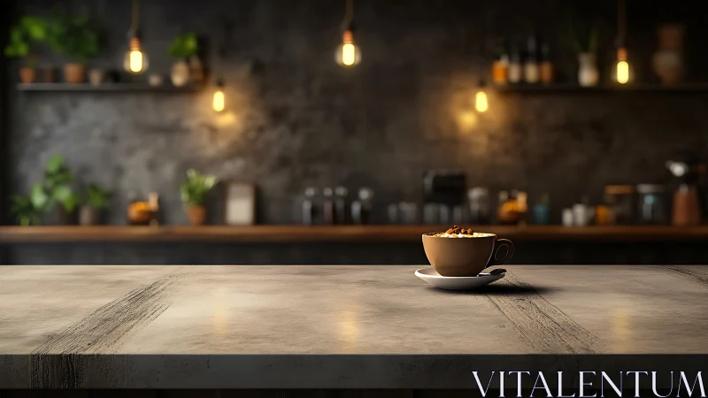 Cinematic depth-of-field study of latte on concrete counter.