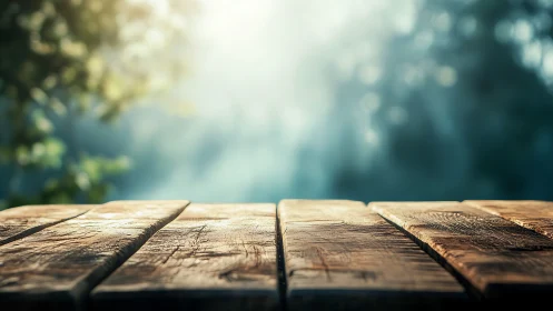 Rustic Wooden Table with Sunlit Nature Background, Soft Focus.