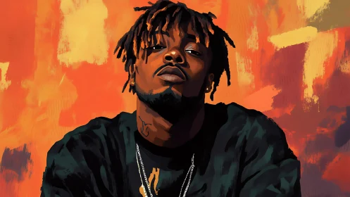 Digital portrait of man against abstract orange backdrop.