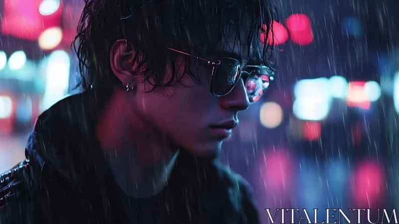 Young man in rain with neon city lights behind him